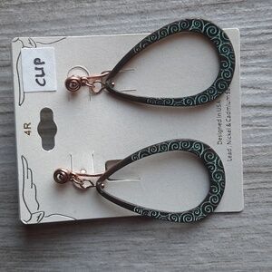 Chic Teardrop Clip Dangle Earrings Patina Finish Swirl Design Clip-on NWT